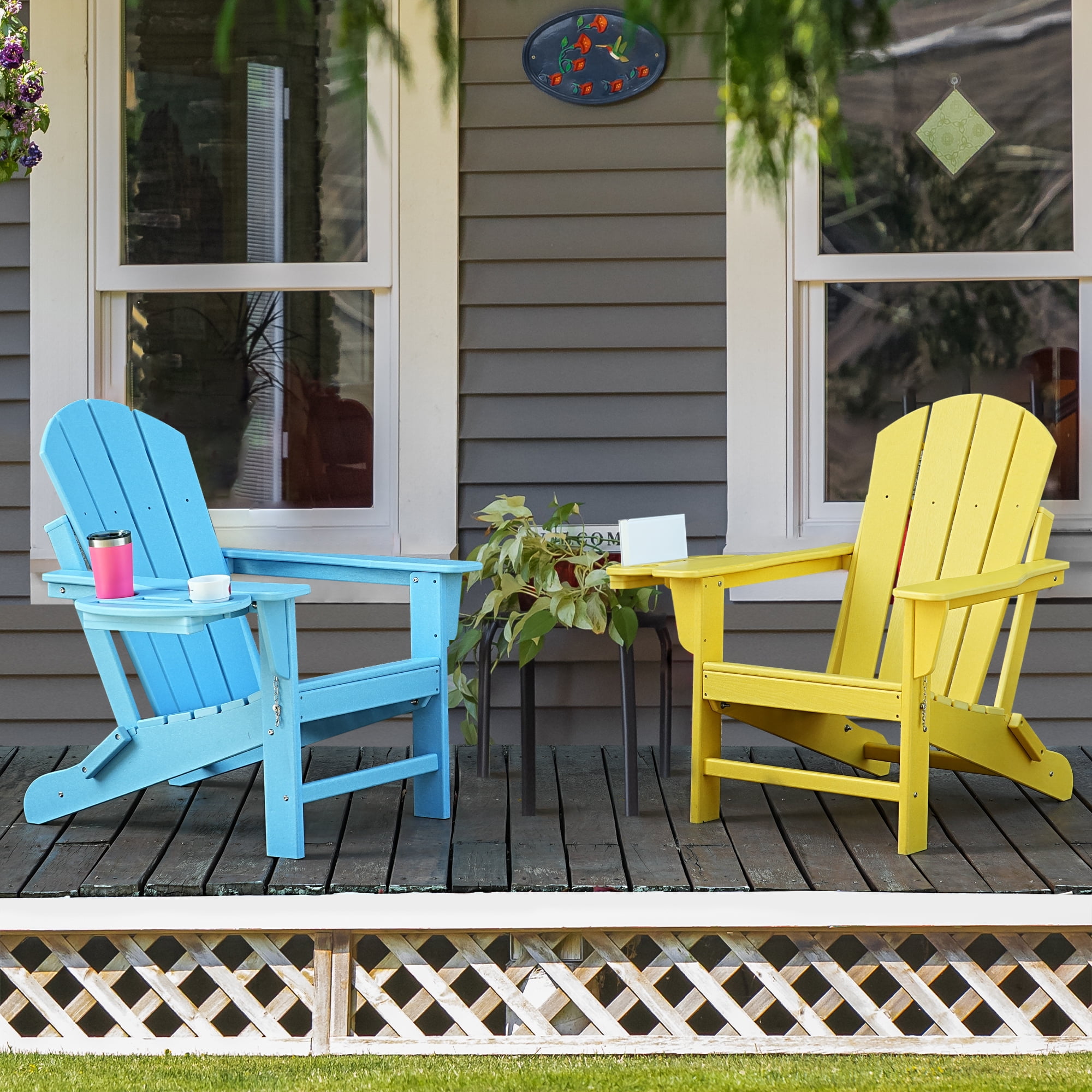 Folding HDPE Adirondack Chair with 4 in 1 Cup Holder Tray Plastic Adirondack Chairs Weather Resistant Lawn Outdoor Firepit Chairs, Yellow