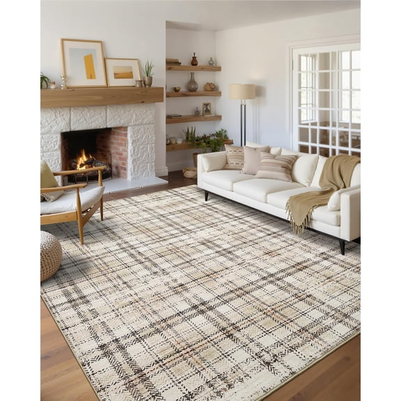 Washable Area Rug 6x9 Rug for Living Room Soft Bedroom Rug Modern Plaid Beige Rugs Non Slip Throw Rugs Non Shedding Stain Resistant Carpet for Nursery Dining Room Office 6'x9' Beige