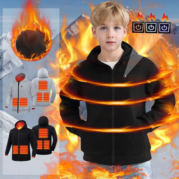 Jinhomg Heated Hoodie for Boys Girls Full-Zip Sweatshirts Jackets Hooded USB Electric Heating Coat with 5 Heating Zones (Battery Not Included)