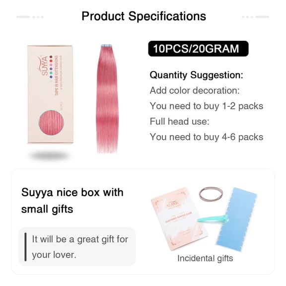 WEIF-Tape in Hair Extensions - Human Hair Hot Pink 12 Inch 10PCS/Pack Straight Tape Extensions 20g