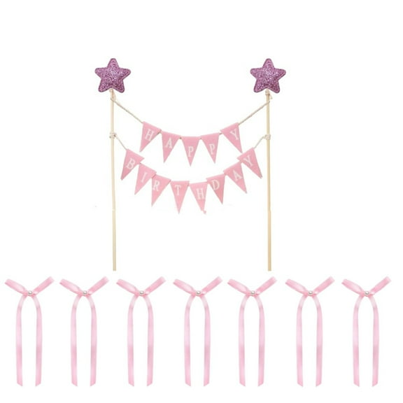 Durable Pink Bow Ribbon Cake Topper,1Pack,Portable Cake Pick Bunting Decor,QZS Pre-Strung Cake Topper for Party Decoration