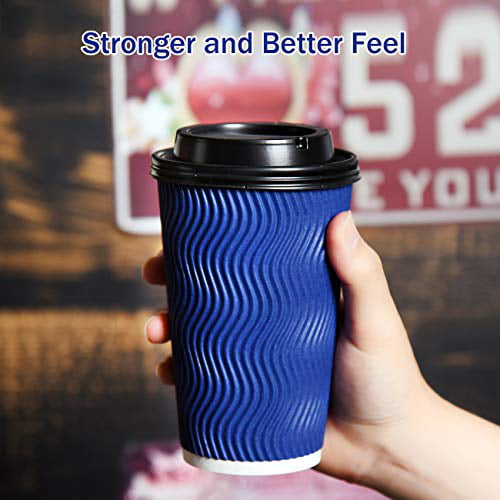 Togo Hot Paper Coffee Cup with Lid To Go for Beverages Espresso Tea Insulated Reusable Cold Drinks Ripple Cups Protect Fingers From 90 Set Disposable Coffee Cups with Lids and Straws Blue 16 oz