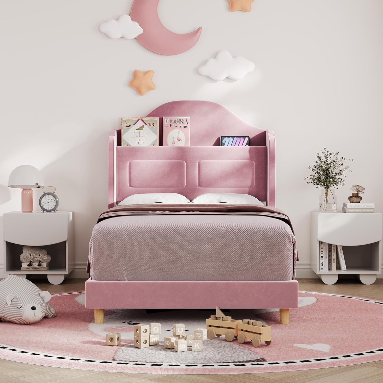 EliteEdge Upholstered Twin Bed Frame with LED Lights, Velvet Platform Bed with Wingback Storage Headboard, Wood Slat Support, No Box Spring Needed, Easy Assembly, Pink