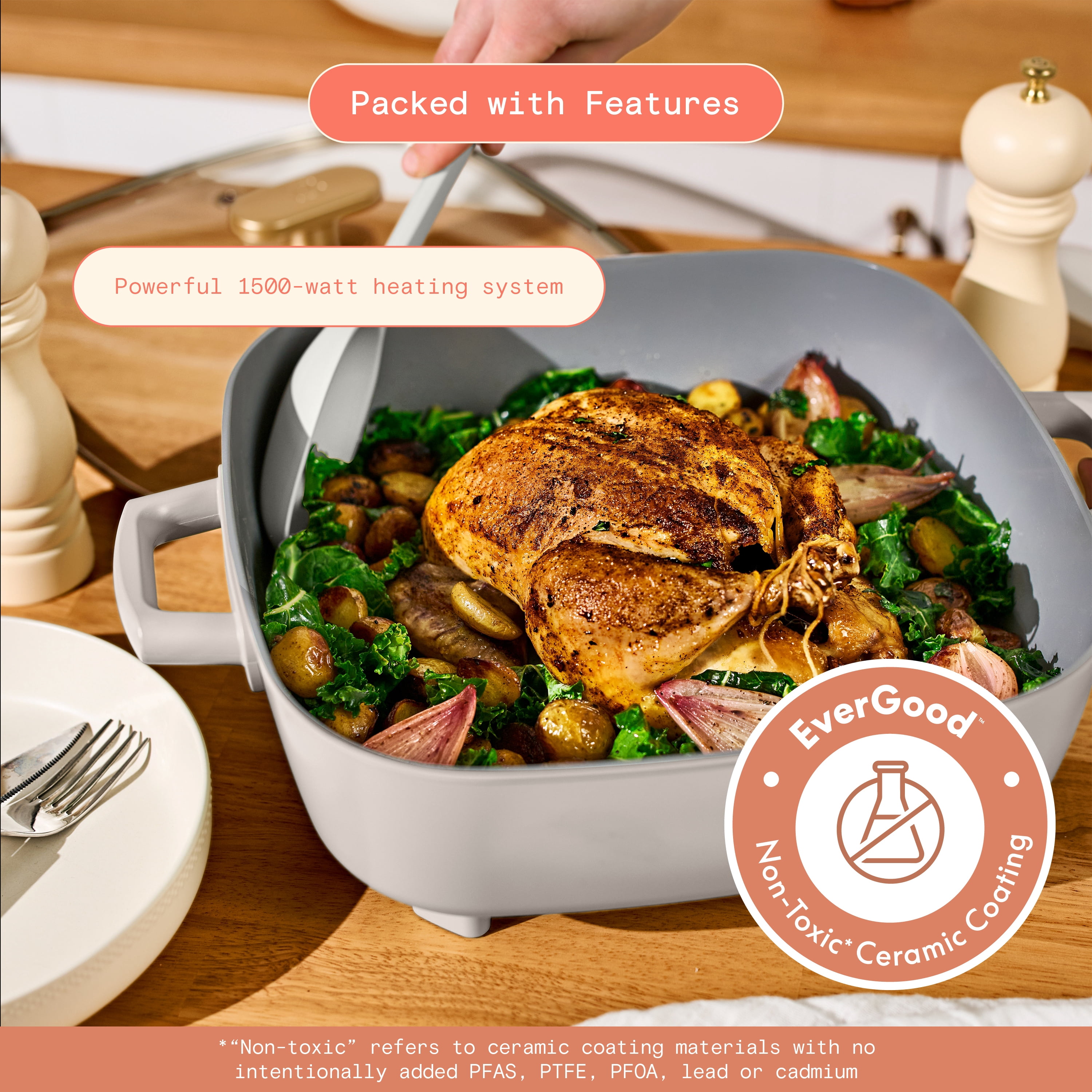 Beautiful 5-in-1, 12" x 12" Detachable Electric Skillet with EverGood Ceramic Nonstick Coating, Porcini Taupe by Drew Barrymore