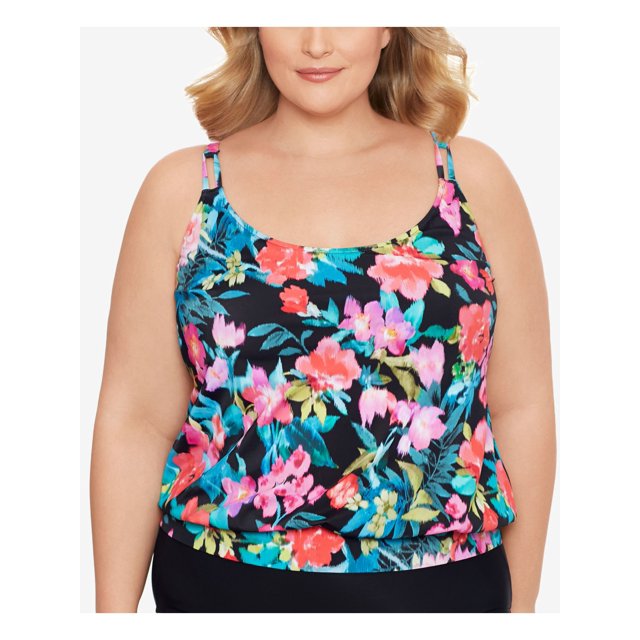 SWIM SOLUTIONS Women's Multi Color Printed Stretch Full Bust Support Blouson Banded-Hem Lined Adjustable Fixed Cups In Living Color Scoop Neck Tankini Swimsuit Top 18W