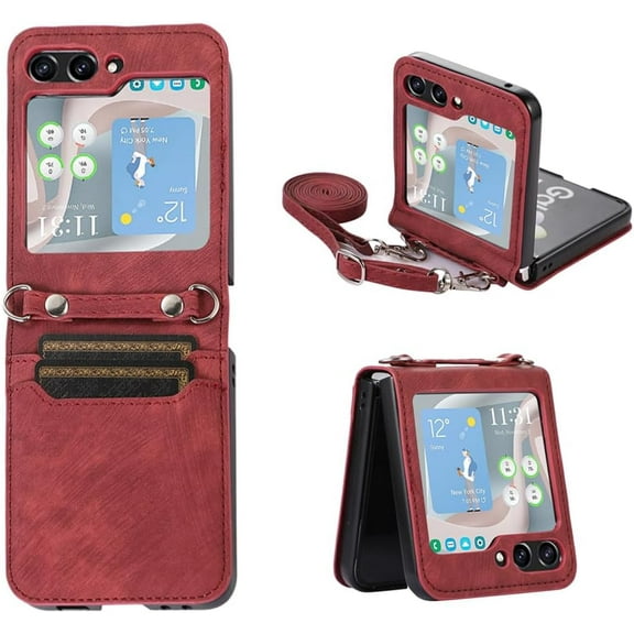 Phone Case for Samsung Galaxy Z Flip 5 Wallet Cover with Shoulder Crossbody Strap Credit Slot Card Holder Leather Flip Mobile Cell Accessories ZFlip5 Zlip5 Women Men Girls Red