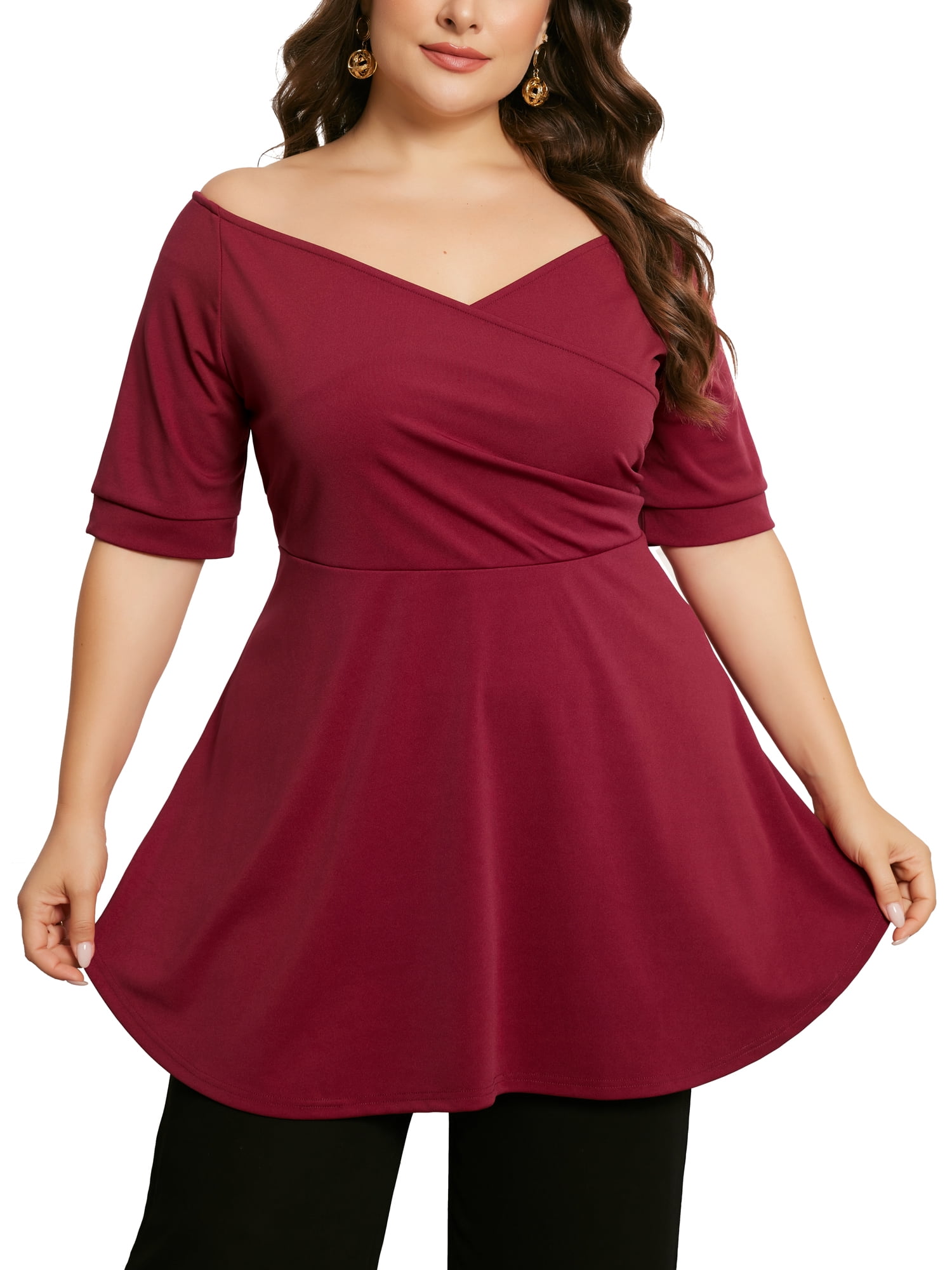 DARING DIVA Women's Plus V Neck Short Sleeve Ruched Peplum Blouse 4X Burgundy