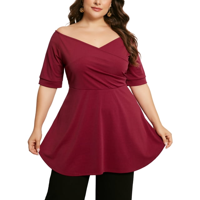 Blusas peplum casual de manga corta con escote en V para mujer de tallas grandes GRACE & GRANDEUR 2X Burdeos