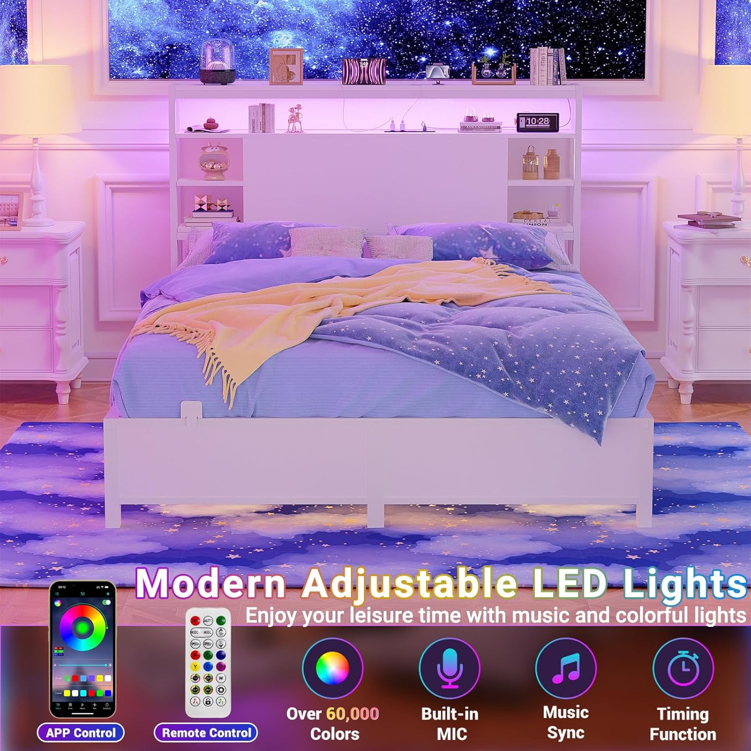 Homieasy Full Headboard with Storage, Headboards with Power Outlets and Smart LED Light, Sturdy Head Board for Full Size Bed, White