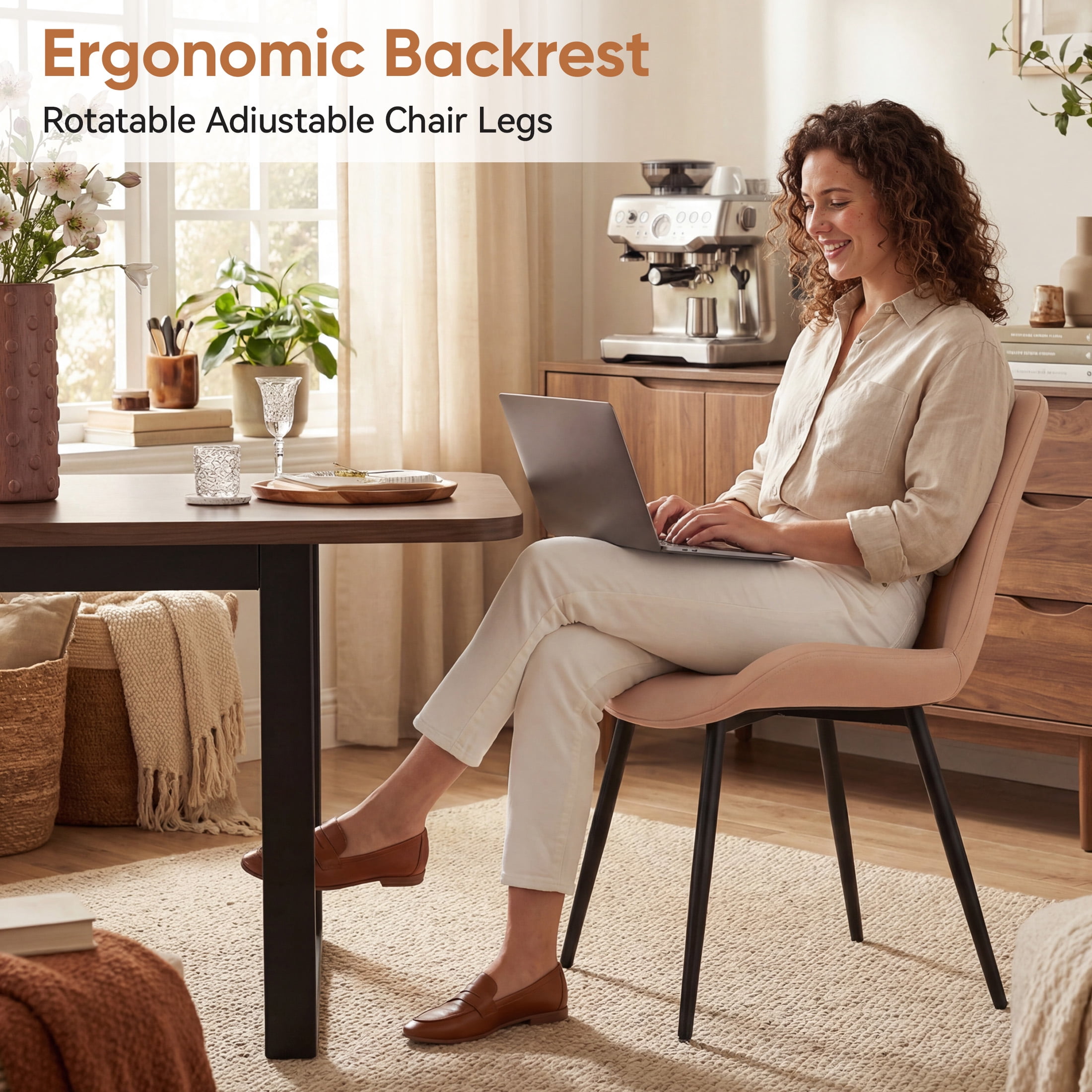 MOONMISS Dining Chair Set of 2,Upholstered with Ergonomic Backrest Metal Legs for Kitchen Office Reading,Brown