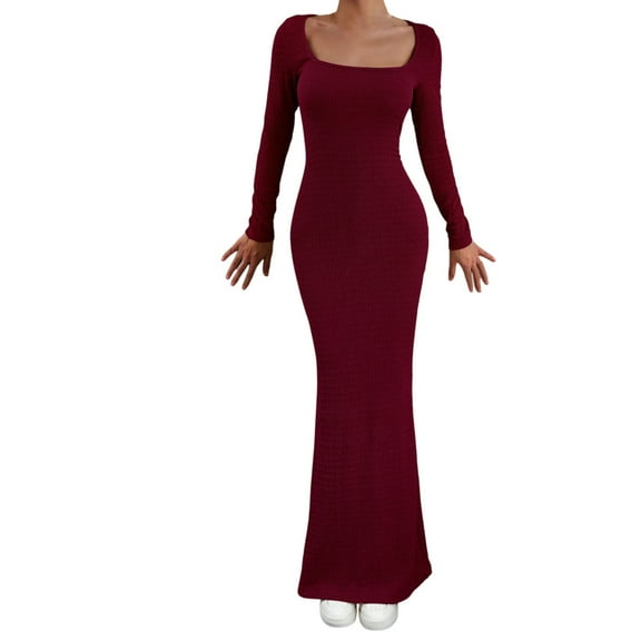 Efsteb Women's 2025 Fall Long Sleeve Square Neck Bodycon Maxi Dresses Solid Color Elegant Hip Hugging Dress (Wine,S)