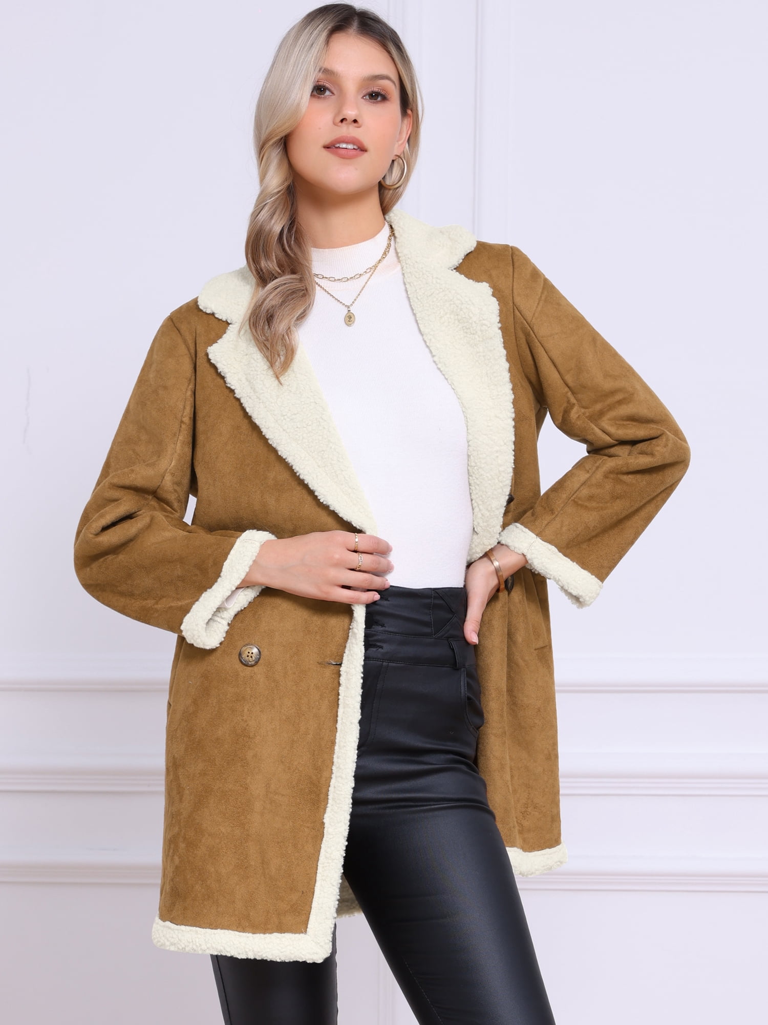 DARING DIVA Women's Faux Suede Coat Double Breasted Warm Teddy Jacket M Brown