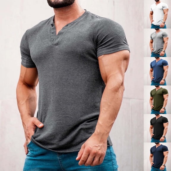Mens Short Sleeve Muscle Fit Henley T-Shirts Workout Athletic Bodybuilding Tops Casual V Neck 3 Button Placket Summer Basic Lightweight Tee for Training