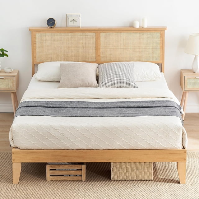Rattan Bed Frame Queen with Natural Rattan Headboard,Queen Bed Frame with LED Lights,Rattan Queen Bed Frame with Headboard,Solid Wood Foundation with Silent Slats,No Box Spring Needed(Queen)