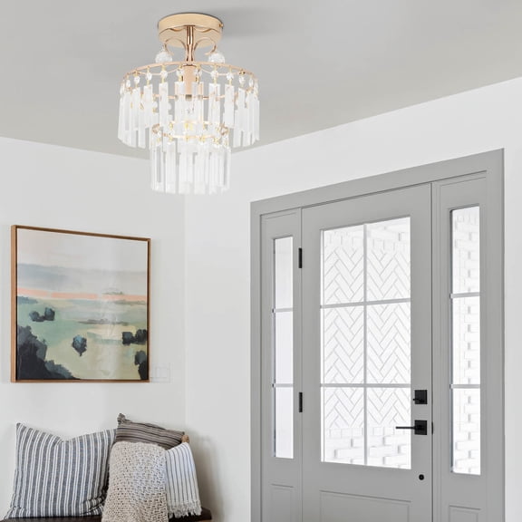 110V Crystal Round Chandelier Semi Flush Mount Ceiling Light Ceiling Light for Living Rooms, Bedrooms