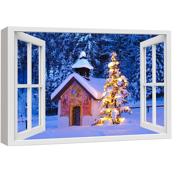 wall26 Canvas Print Wall Art Window View Christmas Tree Winter Forest Celebrations & Holidays Nature Photography Realism Landscape Colorful Multicolor for Living Room, Bedroom, Office - 32"x
