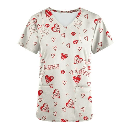 

Valentine s Day Scrub Tops Womens Gradient Heart Tie Dye Shirts Short Sleeve V Neck Medical-Nurse Uniform with Pockets