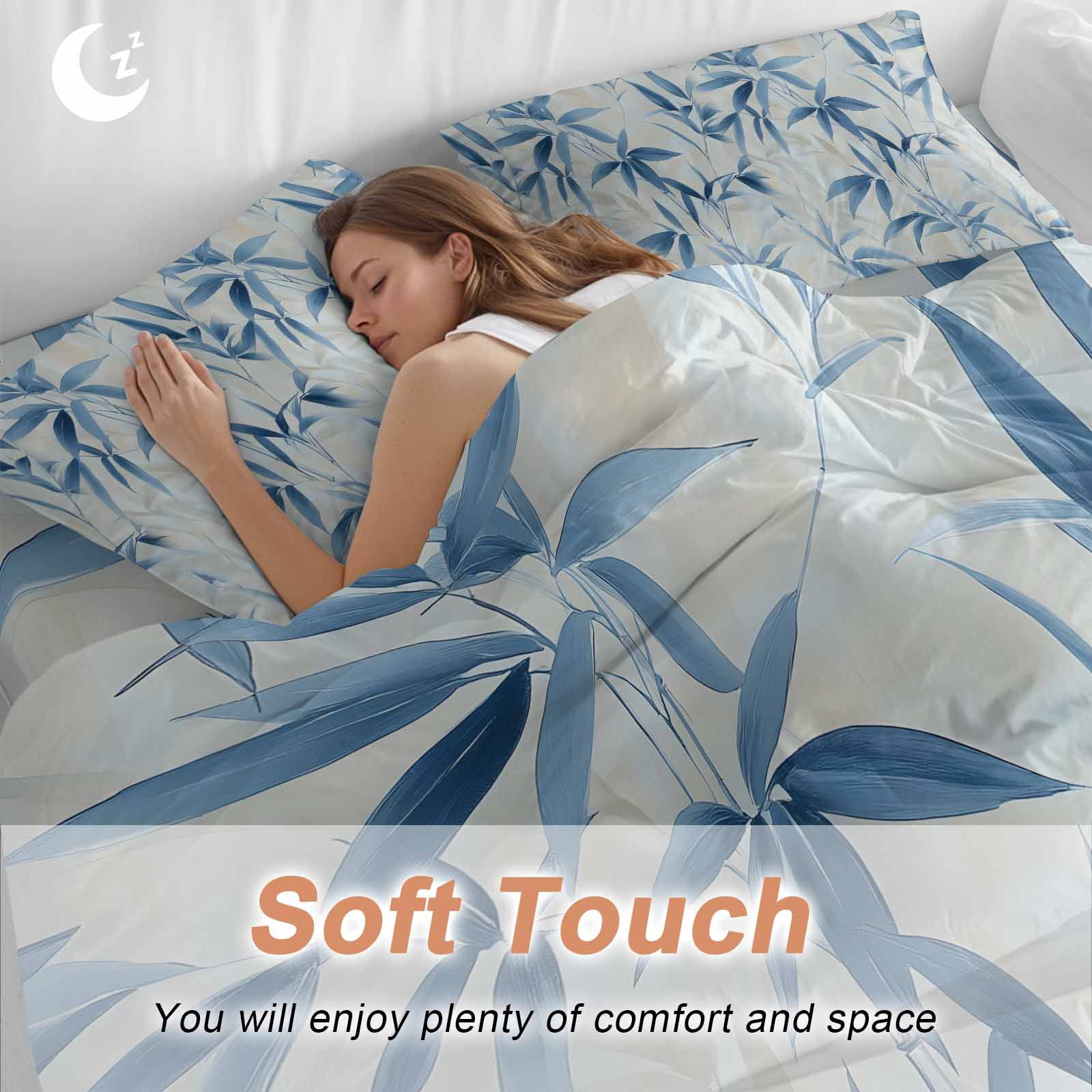 Abstract Bamboos Leaf Queen Duvet Cover Set, Blue Branches Leaves Watercolor 4 Piece Microfiber Bedding Set with Zipper Closure, Bed Sheet and 2 Pillow Shams, Soft Bedding Cover