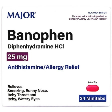 MAJOR® BANOPHEN 25MG DIPHENHYDRAMINE ANTIHISTAMINE MINITABS *COMPARE TO THE SAME ACTIVE INGREDIENTS FOUND IN BENADRYL® & SAVE! *