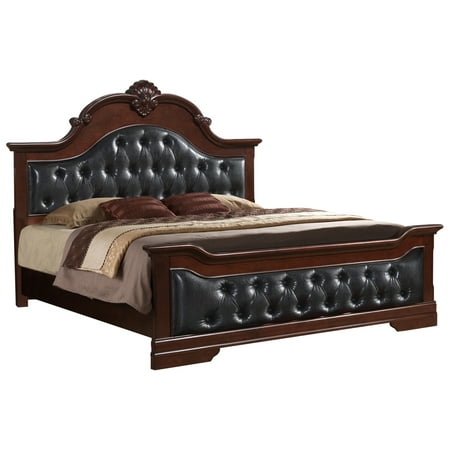 Footboard Antique Walnut Finish (Valencia Upholstered Panel Bed, Queen, Antique Brown Wood, Traditional (Faux Leather Headboard, Footboard, Rails,)