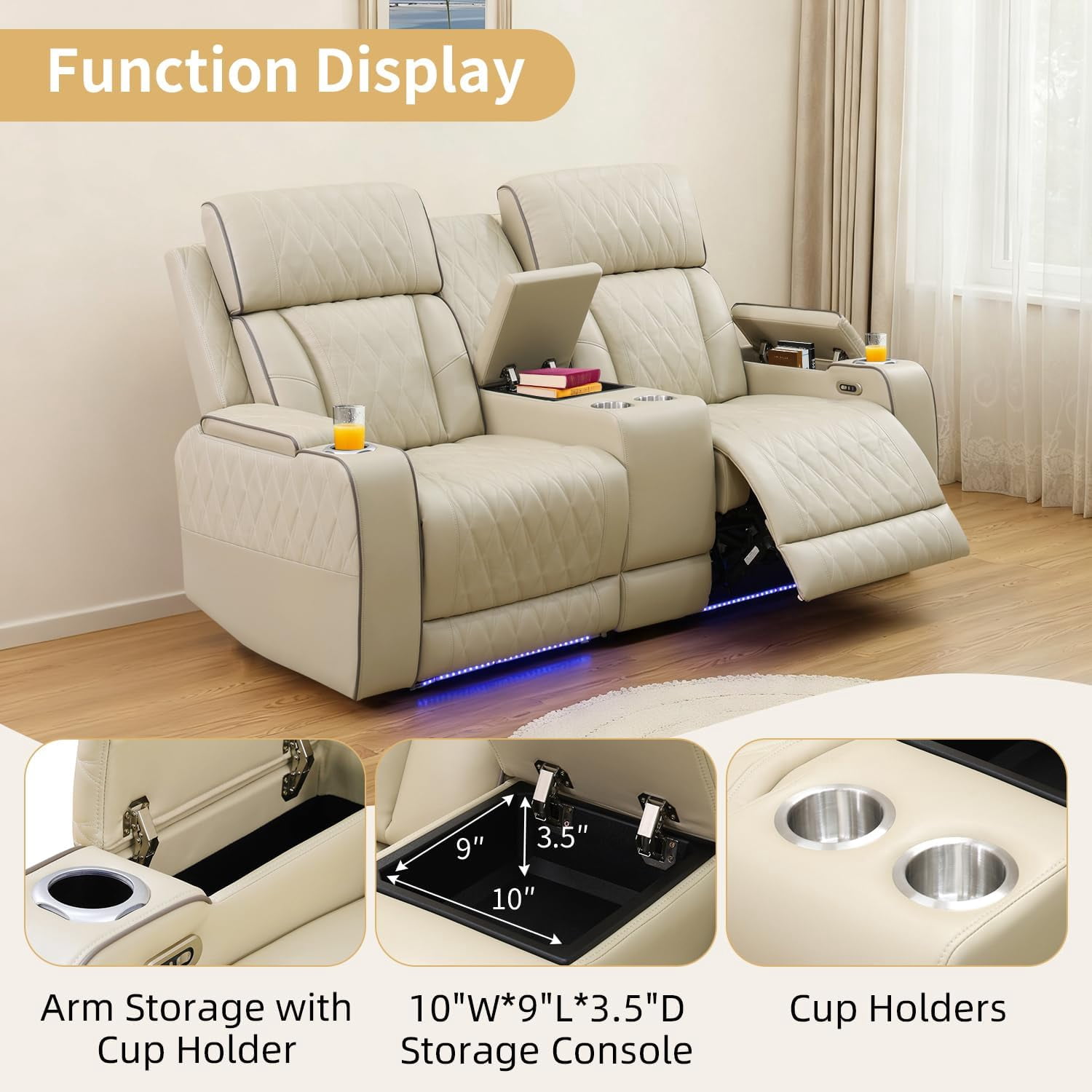 Gewnee Power Recliner Sofa Set with LED,Wireless Charging, Air Leather Living Room Furniture, Reclining Leather Sofa with Usb Ports/Cup Holders/Armrest Storage