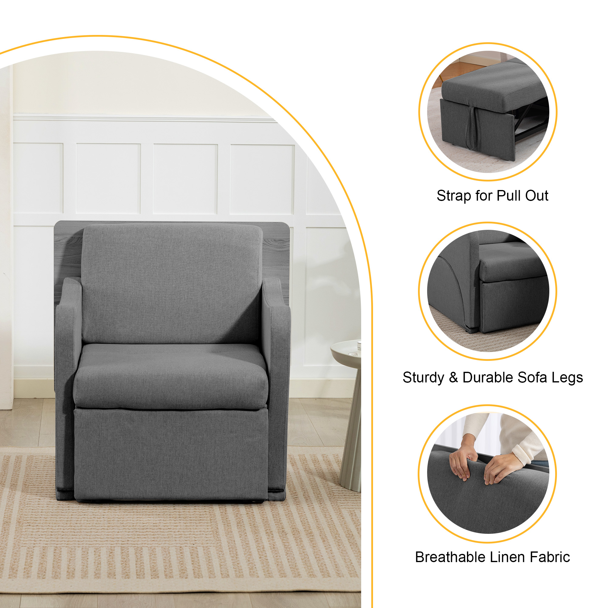 VNT 3-in-1 Convertible Sofa Bed Chair, Sleeper Chair with 6 Levels Adjustable Backrest & Pull Out Function for Living room, Apartment, Gray