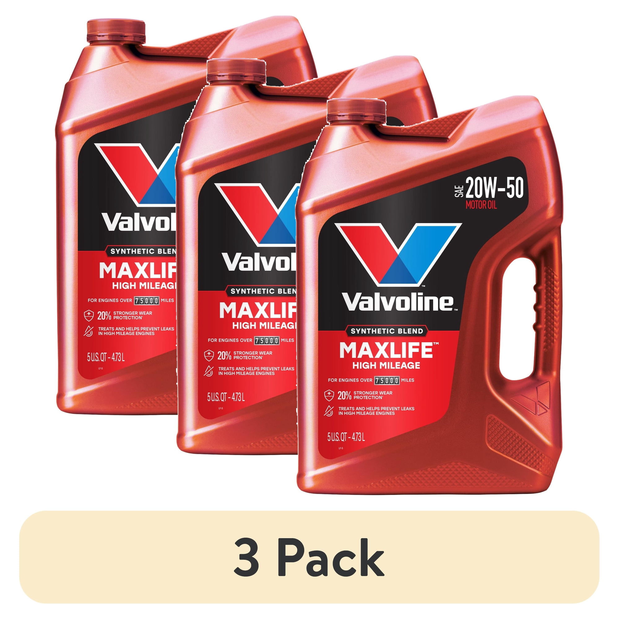 (3 pack) Valvoline MaxLife High Mileage 20W-50 Synthetic Blend Motor Oil 5 Quart