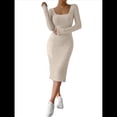 thumbnail image 2 of Vestido de Otoño para Mujer, Larga, Cuello Cuadrado, Tejido, Midi, para Playa, Resort, con Abertura, Maxivestido Ajustado. Albaricoque Beige M, 2 of 8
