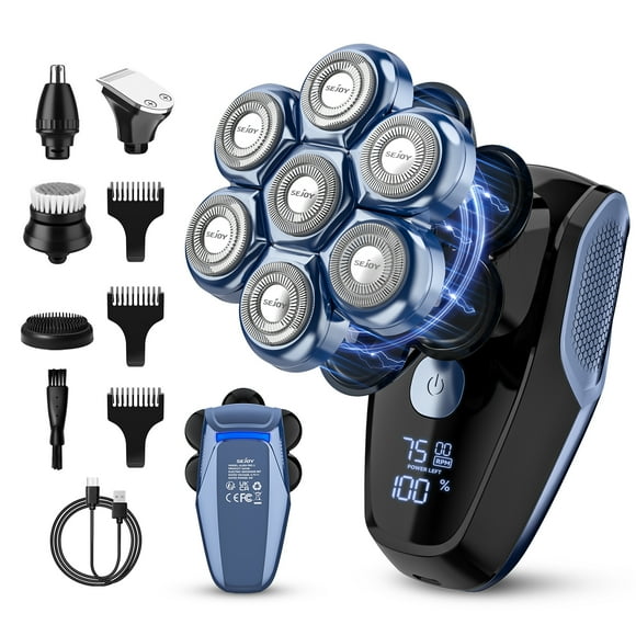 Sejoy 7D Rasoir pour la Tête, Rasoir pour Cheveux Chauves 5 en 1 pour Homme, Rasoir à LED, Kit de Toilettage Imperméable à l'Eau