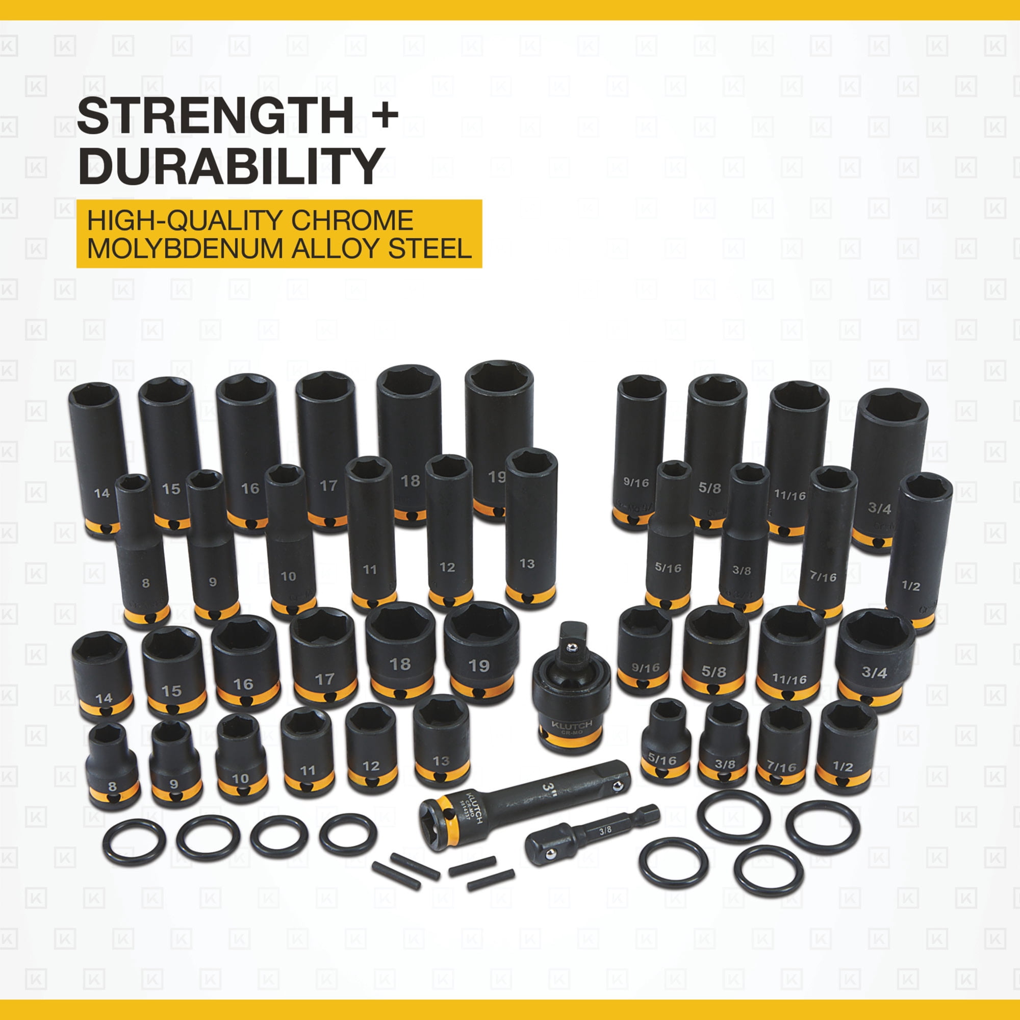 Klutch 3/8in.-Drive Chrome Molybdenum Impact Socket Set, 6-Point, Metric and SAE, 43-Pc.
