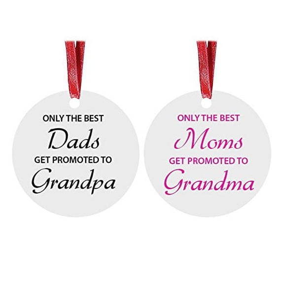 Only the Best Dads/Moms Get Promoted to Grandma/Grandpa - Grandparents - 3-inch White Glossy Aluminum Christmas Ornament with Red Ribbon - Great Gift for Christmas Gift