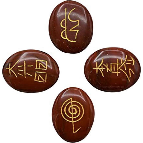 Red jasper Crystal Reiki Stones with Engraved Symbols for Usui Reiki Healing, Set of 4 Pcs