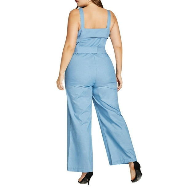 Scvgkk Women's Plus Size Cold Shoulder Sleeveless Denim Jumpsuit