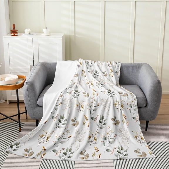Soft Flannel Fleece Throw Blanket with Botanical Leaf Pattern for Couch and Bed