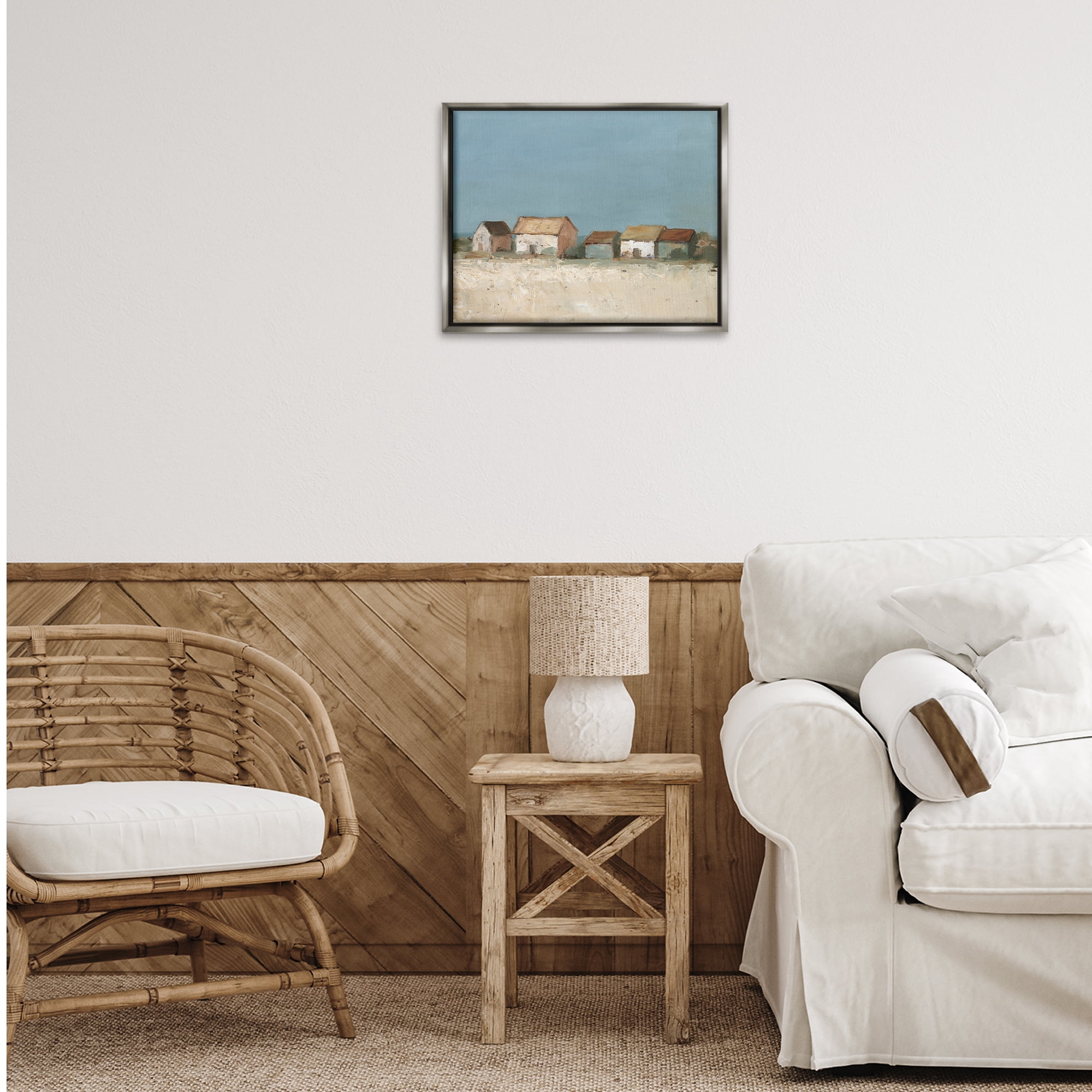 Stupell Industries Distant Town House Landscape & Nature Painting Gray Floater Framed Canvas Art Print Wall Art, 21 x 17