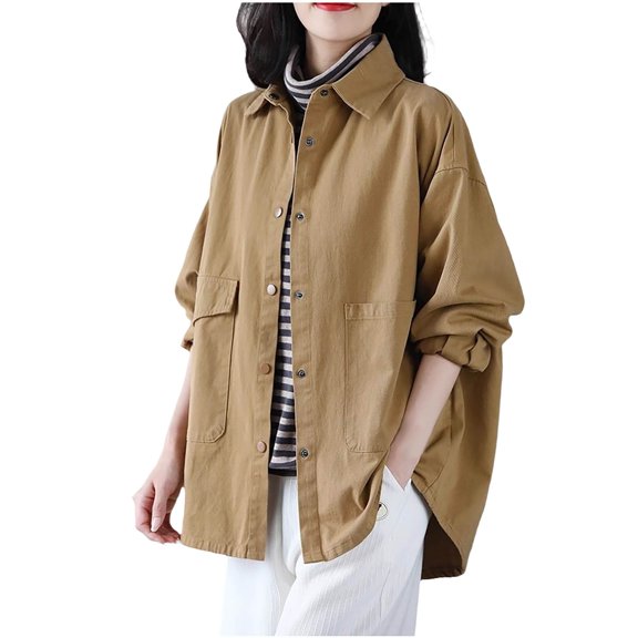 qucoqpe Womens Shirt Jackets Versatile Loose Casual Lapel Windbreaker Coat Long Sleeve Button-Down Shirt Blouse Tops