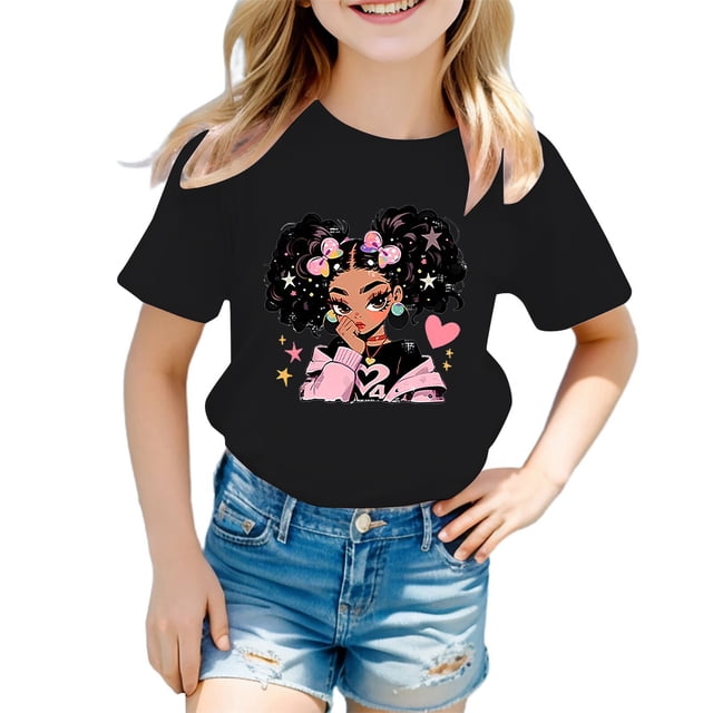 Zecgelong T-Shirt d'Été à Manches Courtes pour Filles, Col Rond, Imprimé Dessin Animé, Décontracté, Ample, Taille 2-4 Ans