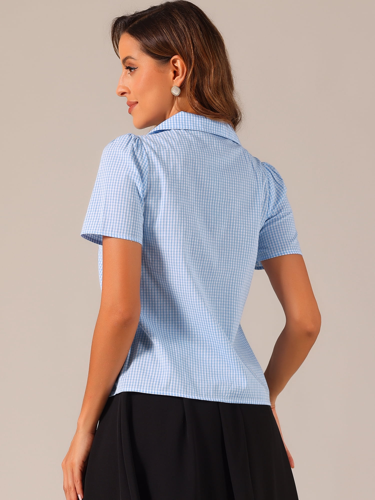 DARING DIVA Women's Plaid Puff Sleeves Gingham Blouse Shirt XS Light Blue
