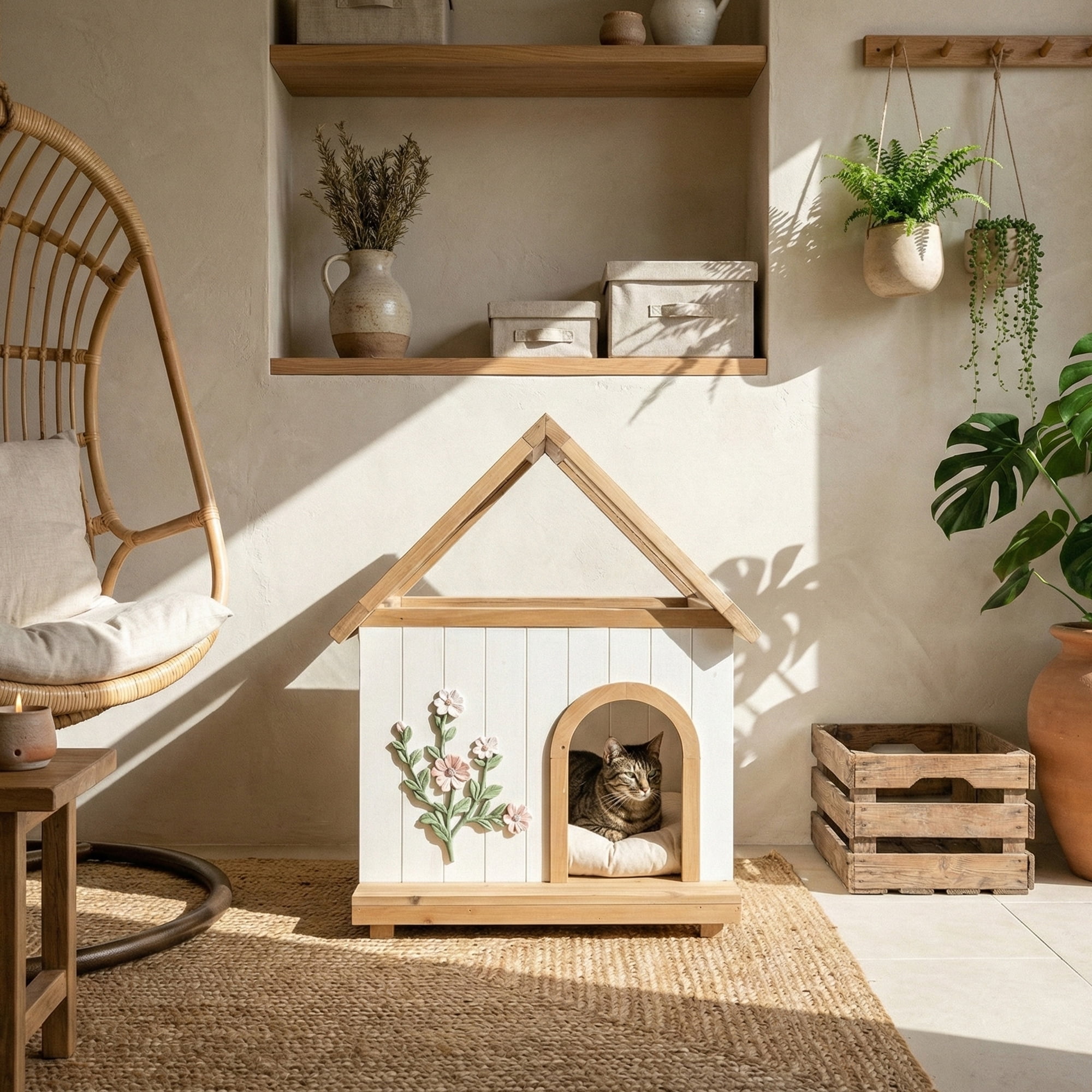 FSC Cedar Cat House with Clear Acrylic Roof and Cushion, Wooden Indoor Outdoor Cat Shelter Furniture for Small Dogs and Cats, Floral Carved Design, White Wood
