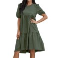 thumbnail image 3 of HUBERY Women Crew Neck Short Puff Sleeve Ruffled Keyhole Back Midi Dress, 3 of 6