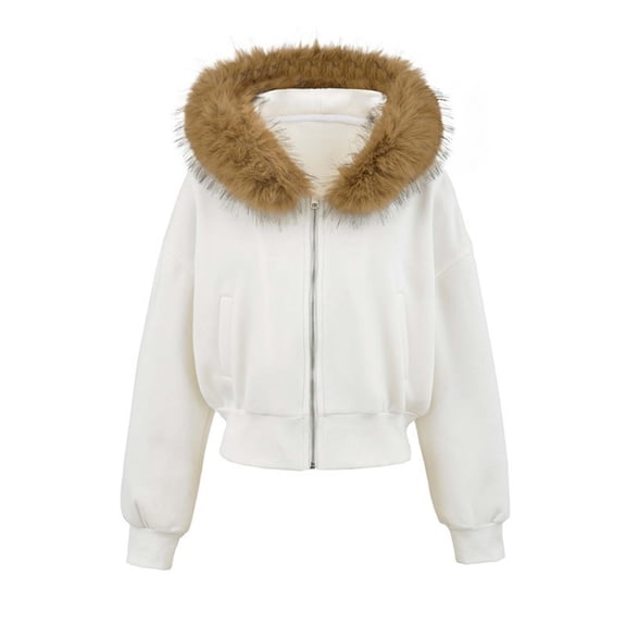 Womens Cropped Jackets Detachable Faux Fur Collar Hooded Full Zip Tunic Cardigan Casual Stylish Outwear With Pockets (S, White)