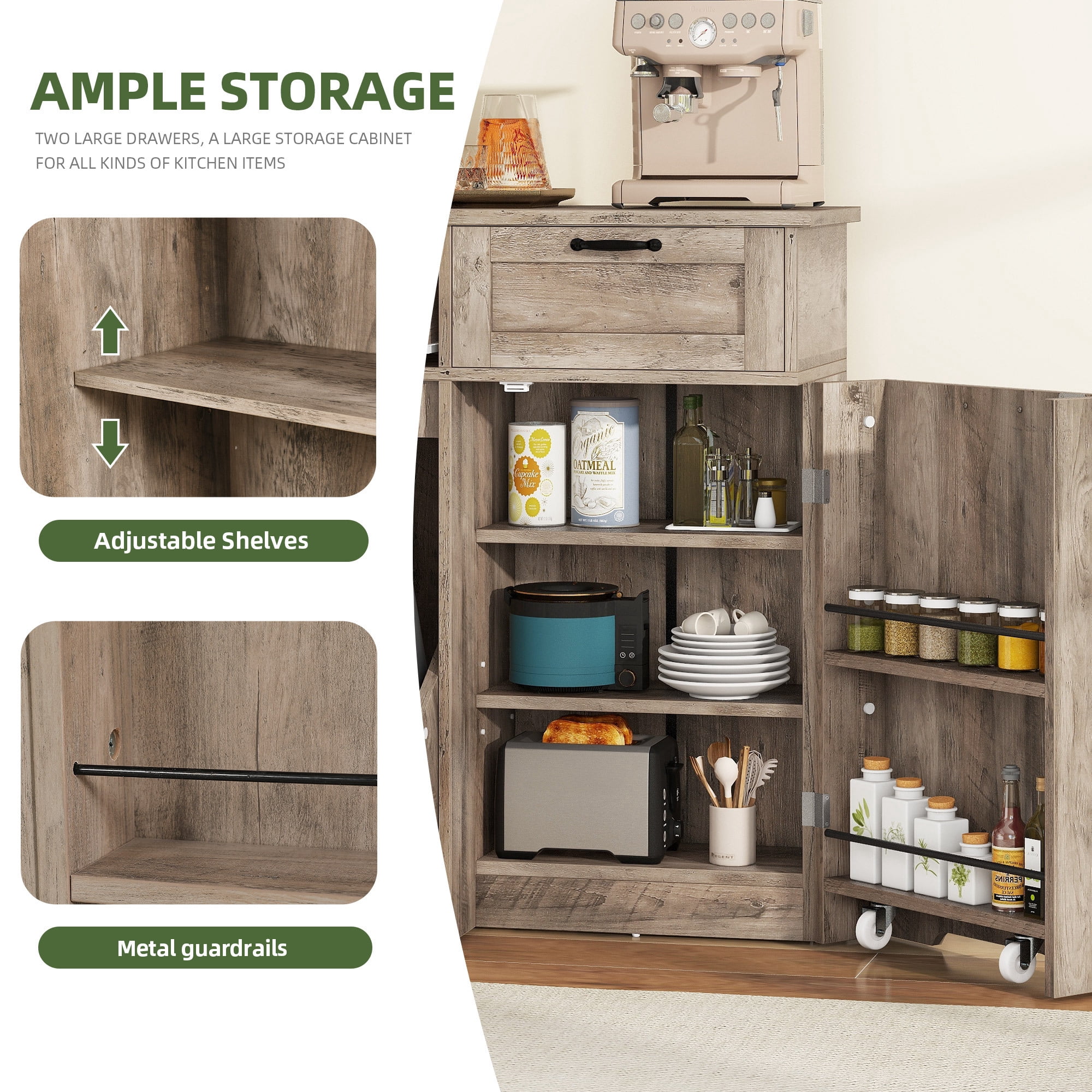 Uforic Kitchen Storage Buffet Cabinet for 10-gal Trash Bin, Tilt Out Trash Cabinet with Drawers & Shelves, Wash Gray