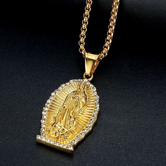 Religious 14K Yellow Gold Virgin Mary Pendant Necklace Women Jewelry Christian Gold Color Iced Out Madonna Necklace