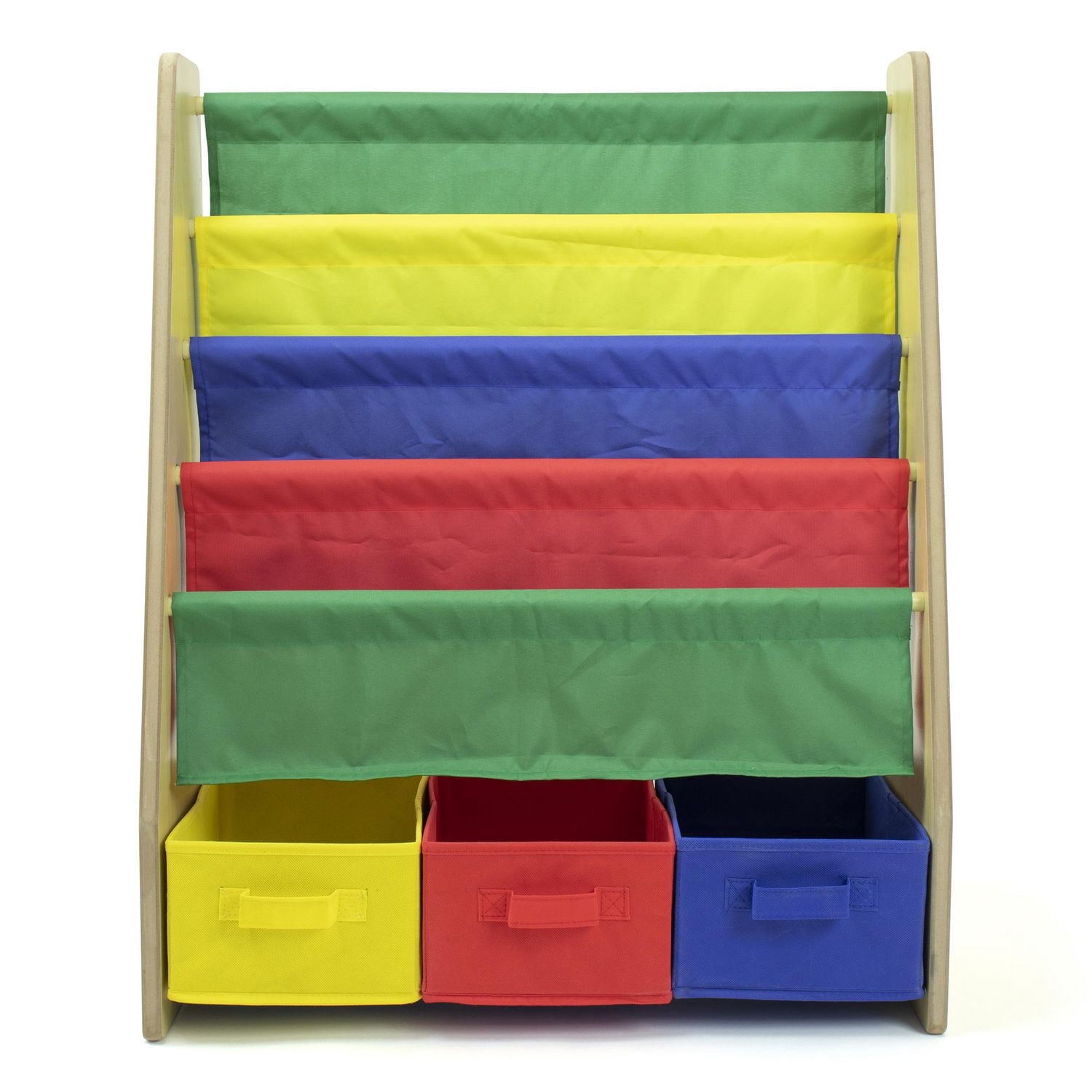 Humble Crew Kids Bookshelf 4 Tier Book Storage and Fabric Bin Organizer, Natural/Primary