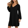 thumbnail image 5 of Puyaiuu Women's V-Neck Brushed Knit Dress, Long Sleeve Ribbed Stripe Detail, Cozy Bodycon Style for Fall Winter Gift, 5 of 7