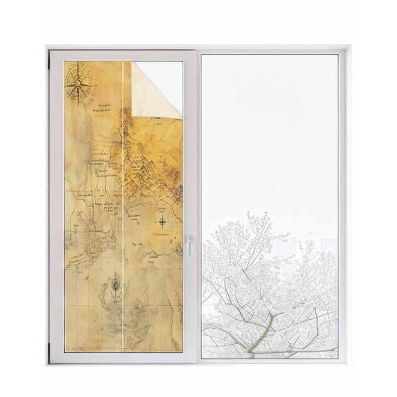 Window Privacy Film Vintage Map Stained Glass Window Film Decorative Sun Block Window Cover Middle Century Farmhouse Natural Landscape Window Clings Static Adhesive Sticker for Bathroom 23.6"x59"