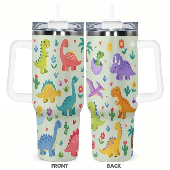 40oz Cute Cartoon Dinosaur Car Tumbler with Handle and Straw Gift Stainless Steel Insulated Travel Coffee Cup for Kids Women