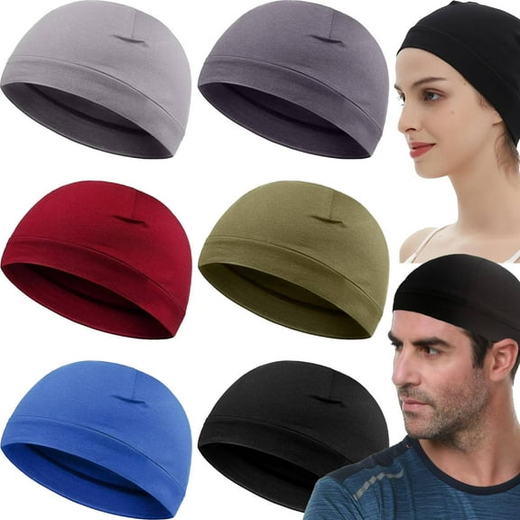 6 Pcs Men Skull Caps Spandex Cotton Beanies Sleep Hats Sweat Wicking Cap Running Hats Cycling Skull Caps for Men Multifunctional Helmet Liner Cap for Men and Women