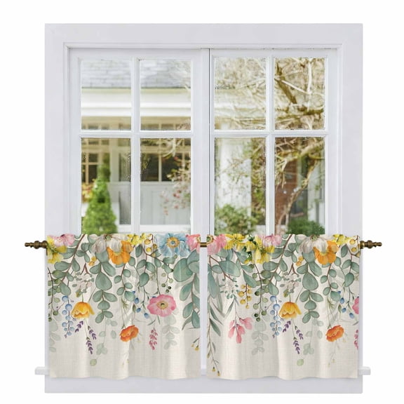 Eucalyptus Leaves Floral Tier Curtains 24 Inch Length, Spring Rustic Botanical Flowers Cafe Short Curtains for Bathroom Over Sink, Small Kitchen Curtain Light Filtering Drapes 2 Panels 27.5"Wx24"L