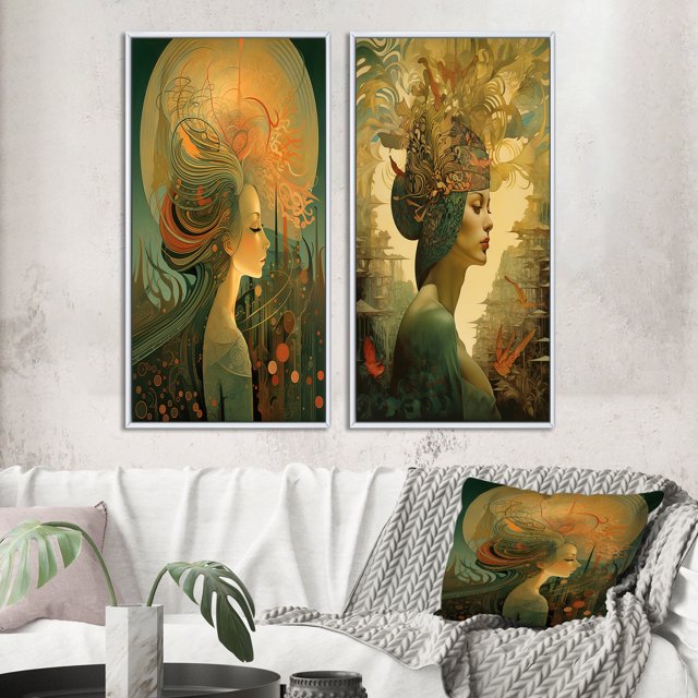 Designart "Retro Reverie Goddess in Dreamy Colors" Fashion Woman Framed Wall Art Set Of 2 - Glam Blue Gallery Wall Frame Set For Home Decor